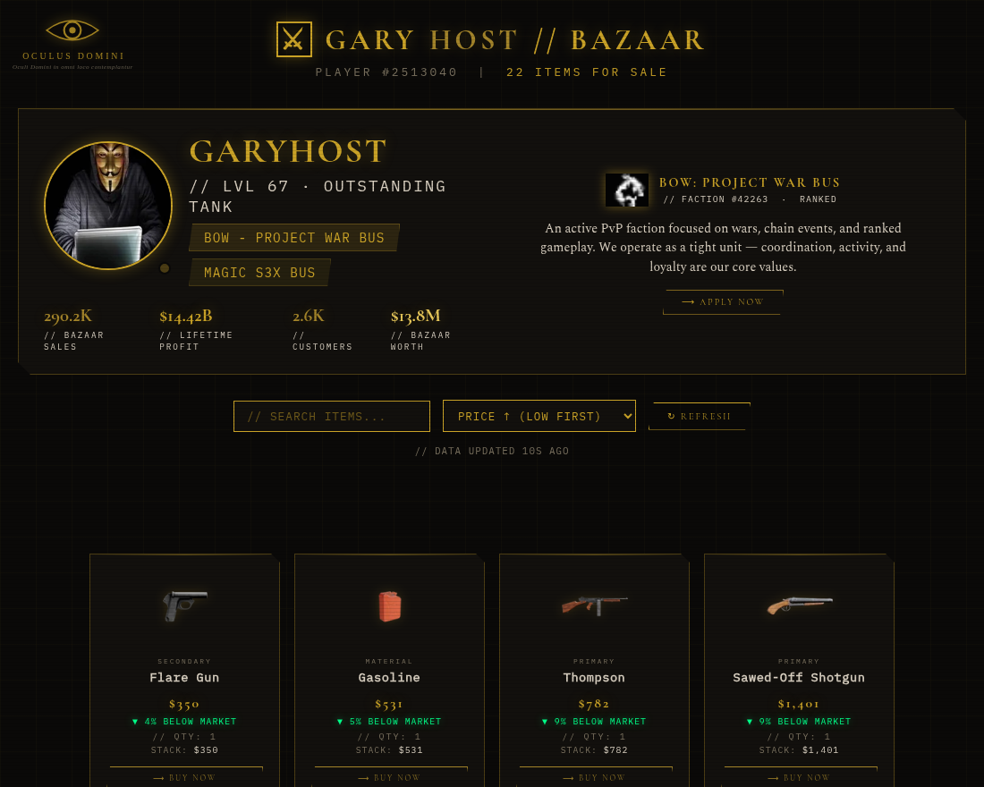 A live bazaar page, refreshed automatically